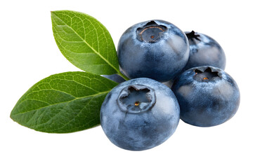 Obraz premium A close-up of fresh, ripe blueberries with vibrant green leaves, isolated on a clean white background. Healthy organic superfood concept.