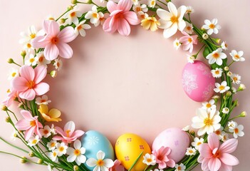 Delicate pastel floral wreath frame surrounding colorful Easter eggs,  eggs,  flowers