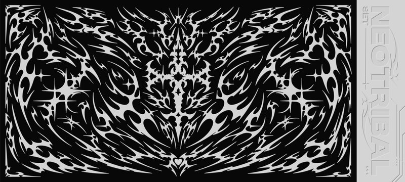 Neo tribal symmetrical frame. Sharp Y2K cyber sigilism design with heart, cross, stars, and liquid demon shapes. Vector set