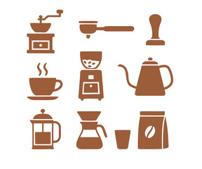 Collection of Brown Coffee Brewing Icons for Beverage Enthusiasts