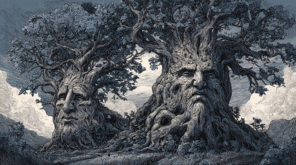 Majestic Ancient Trees with Faces Creating a Mystical Landscape