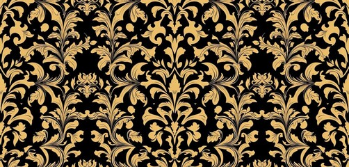 Elegant floral damask pattern with swirling acanthus leaves and ornate details in a repeating seamless design, motif, textile