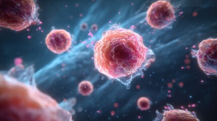 Dynamic medical image focusing on cellular interaction where cancerous plasma cells weaken bone integrity through antibody secretion.