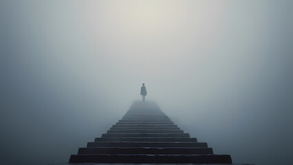 A solitary figure climbs a foggy staircase, symbolizing career progress in a moody, introspective style