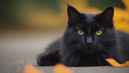 Close-up of a black cat with hypnotic green eyes staring.