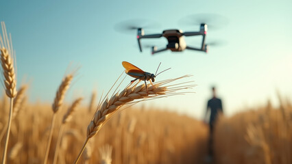 A locust resting on a ripe wheat stalk while a drone hovers above against a clear blue sky and a distant farmer in the background, capturing agricultural innovation.
