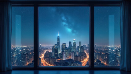 Cityscape under a starry sky viewed from an office window at night, serene atmosphere. Concept of dreaming big for LinkedIn background or wallpaper.