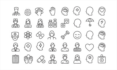 Mental Health Medical Icon Set – Line Art Doctor Brain Wellness Symbols

