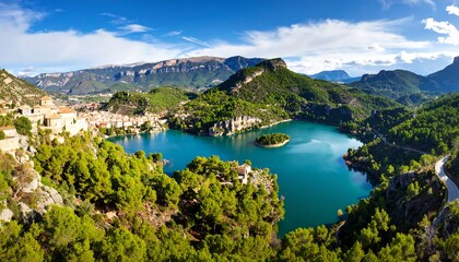 Fototapeta premium Panoramic view of a town nestled by a lake, surrounded by mountains