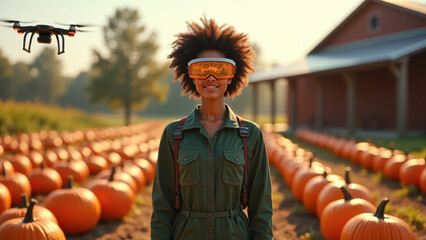 Female farmer using augmented reality visor in a sun-drenched pumpkin field with a drone overhead, Drones surveying farms, smart farming and crop monitoring