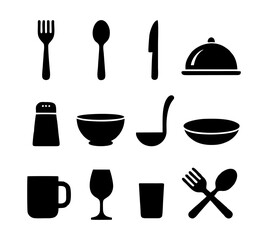 Set of Black Silhouette Kitchen Utensils and Tableware Icons