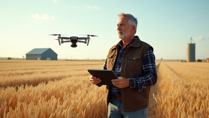 Indigenous male farmer observing drone while holding iPad in golden wheat field under clear sky, Drones surveying farms, smart farming and crop monitoring