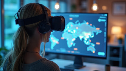 Young woman using a VR headset while exploring a neural network design interface on a large screen in a modern tech office, innovation concept.