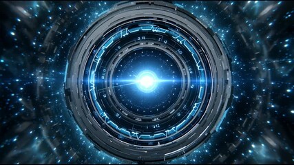 Futuristic circular interface with glowing blue light digital technology sci fi energy core abstract cyber design high tech innovation virtual reality cosmic background dynamic motion portal advanced - Powered by Adobe