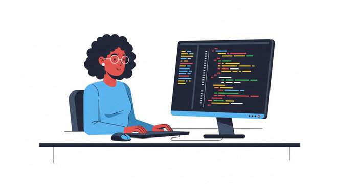 Vector illustration of a woman of color programmer coding at a desk.