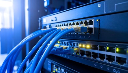 Naklejka premium Network switch with blue cables