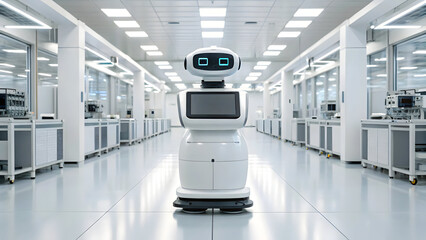 Futuristic AI assistant in clean high-tech lab no humans