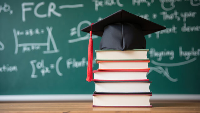 Graduation cap on stacked books symbolizes education and achievement, representing knowledge and learning in classroom setting