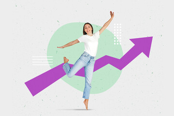 Personal growth concept. Young woman jumping on the background of arrow