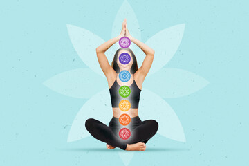 photo collage young woman meditation and work with chakras