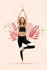 Creative vertical photo collage of relaxed young woman standing on one leg meditating on floral background