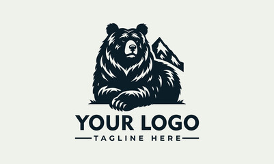 Majestic bear logo design, resting peacefully with mountain backdrop.
