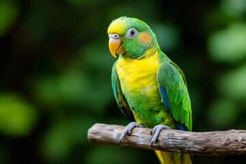 Orange chinned parakeet perching on branch in tropical forest