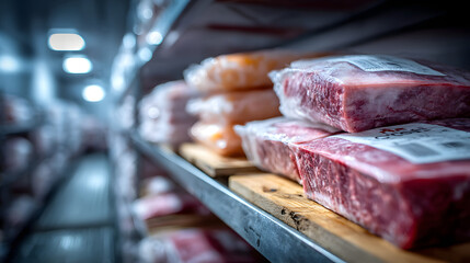 Vacuum-sealed meat packages stacked on shelves in refrigerated truck.