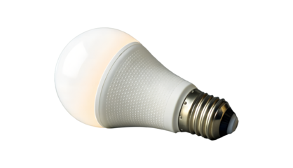 A modern white led light bulb with a metallic screw base showcasing its energy efficient design and isolated on transparent background