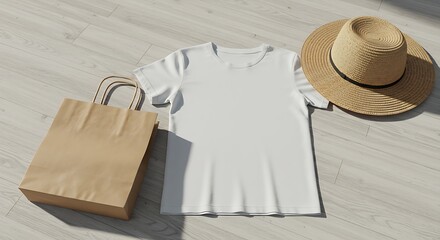 White tshirt with a straw hat and paper bag on a wooden floor