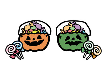 かぼちゃのバスケットに入ったキャンディのイラスト