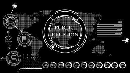 PR Public relations concept. Communication advertising marketing strategy. Public relations concept animation 4k video glowing and map background .