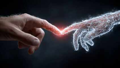 Connection between the human and digital world: A striking visual representing the fusion of the human touch with the digital realm, emphasizing connection and the future.