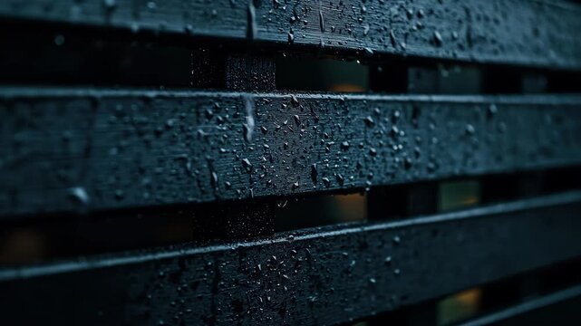 Raindrops on dark wooden slats of outdoor structure, shallow focus