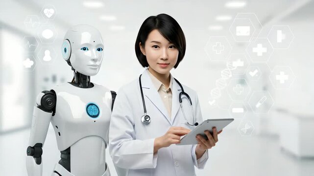 Doctor and assistant Ai robot with tablet. Futuristic Asian medical team, medical personal. Robotic doctor is future of medicine. Artificial intelligence. Healthcare with advanced tech