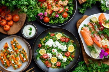 Gourmet dishes with fish, shrimps, burrata cheese, and cherry tomatoes creating a colorful culinary scene