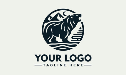 A stylized logo featuring a roaring bear amidst mountains, moon, and water, for a nature-themed brand.