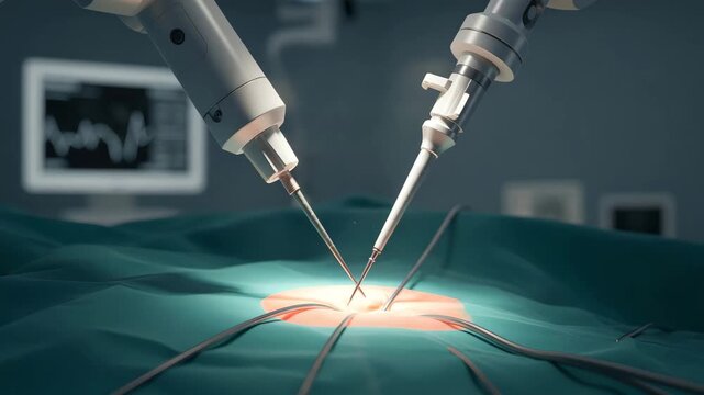 Surgeon in sterile operating room with robot. Futuristic precision operation and robotic arm. Future in surgery, medicine with mechanical intellectual system for help in treatment