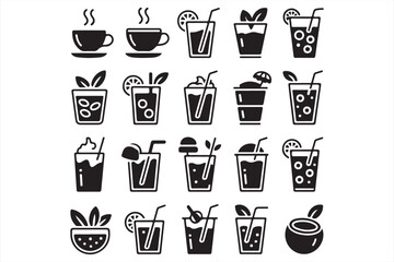 Black and White Icons of Different Beverages: Coffee, Smoothies, and Soft Drinks