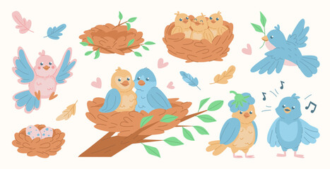 Obraz premium Cute cartoon birds and nests illustration set