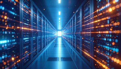 Streams of binary code and neon lines flowing between abstract server towers, with particle effects and a glowing grid, representing fast data transfer in a modern network