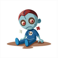 Fototapeta premium Sad sitting cartoon zombie with stitches and a puzzle piece missing, isolated on white background