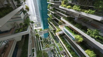 Vertical city, lush greenery, sustainable living