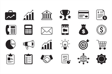 Set of Black and White Icons Representing Business, Finance, and Statistics