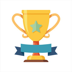 Golden trophy with a blue ribbon and a green star emblem, symbolizing victory and achievement, isolated on a clean white background