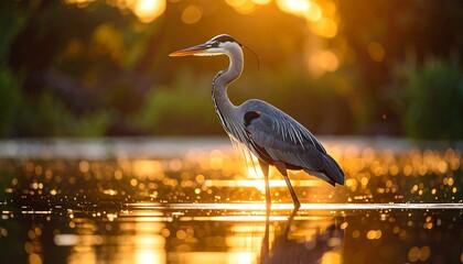 Naklejka premium Heron in golden sunset light over water