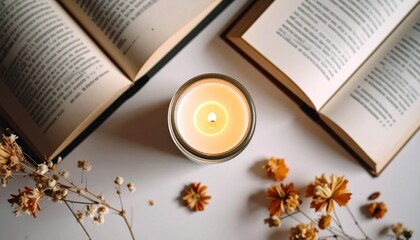 開いた本とドライフラワー、灯るキャンドルが並ぶ落ち着いた読書風景のベクターイラスト素材｜本,読書,キャンドル,ドライフラワー,炎,静けさ,香り