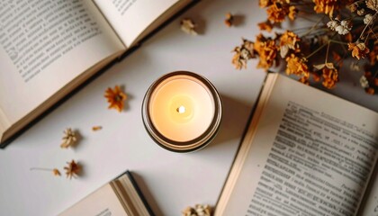 開いた本とドライフラワー、灯るキャンドルが並ぶ落ち着いた読書風景のベクターイラスト素材｜本,読書,キャンドル,ドライフラワー,炎,静けさ,香り