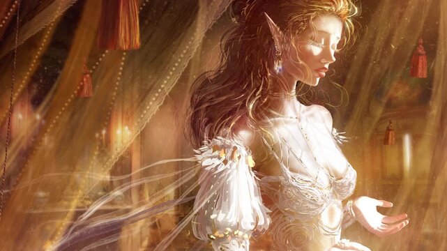A beautiful elf girl is standing by the window. Her beautiful figure in frilly lingerie is flooded with sunlight. She is a young princess in a royal room with golden curtains. approaching 2d animated