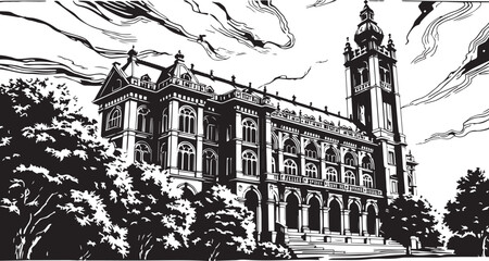 Drawing of a historic building with classical architecture, isolated on a white background. Classical architecture vector.	